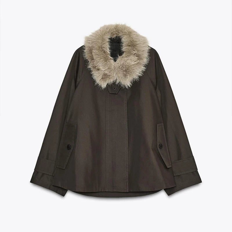 Fashion Faux Fur Collar Middle Long Jackets Women Solid Full Sleece Button Zipper Coats 2025 Lady Chic Casual Winter Outerwear