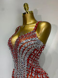 Sparkly Rhinestones Tassels Black Red Bodycon Bodysuits Nightclub Performance Stage Outfit Luxury Birthday Photo Shoot Clothing