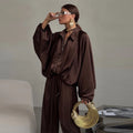 Casual Loose Coats Pants Set Women Full Sleeve Lapel Zippers Solid Coat Long Straight Pleated Pant Sets 2026 Autumn Lady Suit