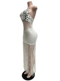 Sexy Cutout Crochet Beach Dress 2026 Summer Women One Shoulder Backless Knitted Sequined Fringe Tassel Midi Dress Clubwear
