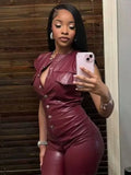 Sexy PU Jumpsuit Women Single-Breasted Fake Pocket Sleeveless Midnight Hipster Streetwear Workout Activity Overalls