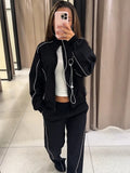 White Stripe 2 Piece Tracksuit Women Stand Collar Zip Jacket And Elastic Waist Wide Leg Pants Set Sporty Casual Matching Outfit
