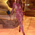 Women's Chic Printed Mesh Maxi Dress Bodycon Long Sexy Beach Swim Party Dresses New Holiday Vacation Cover Up Casual Outfit