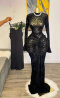 Fall Women Long Sleeve Stacked Mesh See Though with Lining Bodycon Long Dress Evening Birthday Sexy Party Dresses