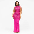 Sexy Mesh Rhinestone Bodycon 2 Pieces Set for Woman Outfits Solid Round Neck Sleeveless Crop Top + Skirt Female Clubwear