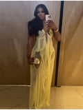 Sexy Yellow Chiffon Halter Maxi Dress Lady Chic Hollow Out Backless Lace Up Sleeveless See Through Robe Female Spring Party Wear