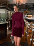 Women's Sexy Lace Patchwork Faux Fur Mini Dress Elegant Turtleneck Long-sleeve Hip Package Slim Dress Lady 2026 Chic Streetwear