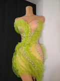 Luxury Green Sheer Mesh Ruffle Dress Neck Crystal Rhinestone Trim Cut Out Slim Fit Evening Wedding Guest Cocktail Party Dress