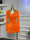 Women Long Sleeve Floral Applique Skew Collar Stacked Ruched Bodycon Midi Dress Vacation Holiday Party Birthday Dresses