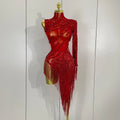 Sparkly Rhinestones Tassel Sexy See-Through Dress Women One Shoulder Latin Dance Outfits Bars Nightclub Party Stage Costume