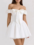 Solid Spliced Bowknot Slimming Mini Dresses For Women Slash Neck Sleeveless High Waist Temperamnet Dress Female New