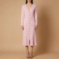 Black Casual Knit Midi Dresses For Women V Neck Gold signle Buttons Accent Textured Fabric Pleated Skirt For Office Commute