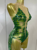 Women Sparkly Green Rhinestone Tassels Sexy Latin Dancer Mesh Bodysuit Eveing Party Birthday Nightclub Performance Stage Costume