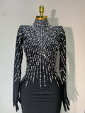 Women Sexy Long Sleeve Luxury Diamonds Maxi Long Bodycon Dresses Celebrity Elegant Red Carpet Show Evening Party Birthday Dress