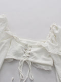 French Vintage White Ruffled Crop Top for Women Lace Trim Puff Sleeves Back Tie Design Blouse for Romantic Dates
