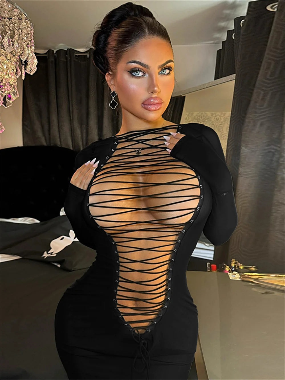 Hollow Shirring Sexy Dress Women Hipster Full Sleeve Coquette Midnight Party Clubwear Stretch Skinny Mini Bodycon