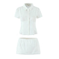 Solid Two Peice Set for Women Lapel Short Sleeve Shirt Low Waist Spliced Fungus Edge Mini Skirt Sweet Suit Female
