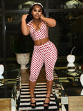 Sexy Fashion 3 Piece Set Woman Polka Dot Print Halter Bra Tops+Low-Neck Mini Sleeve Tees+Skinny Crop Pants Outfits