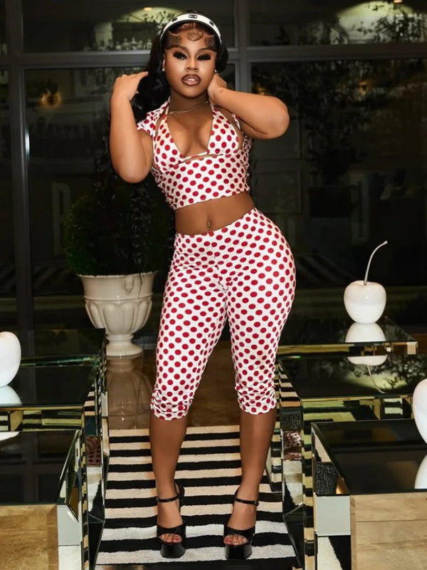 Sexy Fashion 3 Piece Set Woman Polka Dot Print Halter Bra Tops+Low-Neck Mini Sleeve Tees+Skinny Crop Pants Outfits