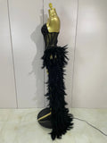 Luxury Sparkly Rhinestones Feathers Long Tail Dress Sexy Mesh Transparent Stage Bodysuit Evening Party Celebrate Birthday Dress