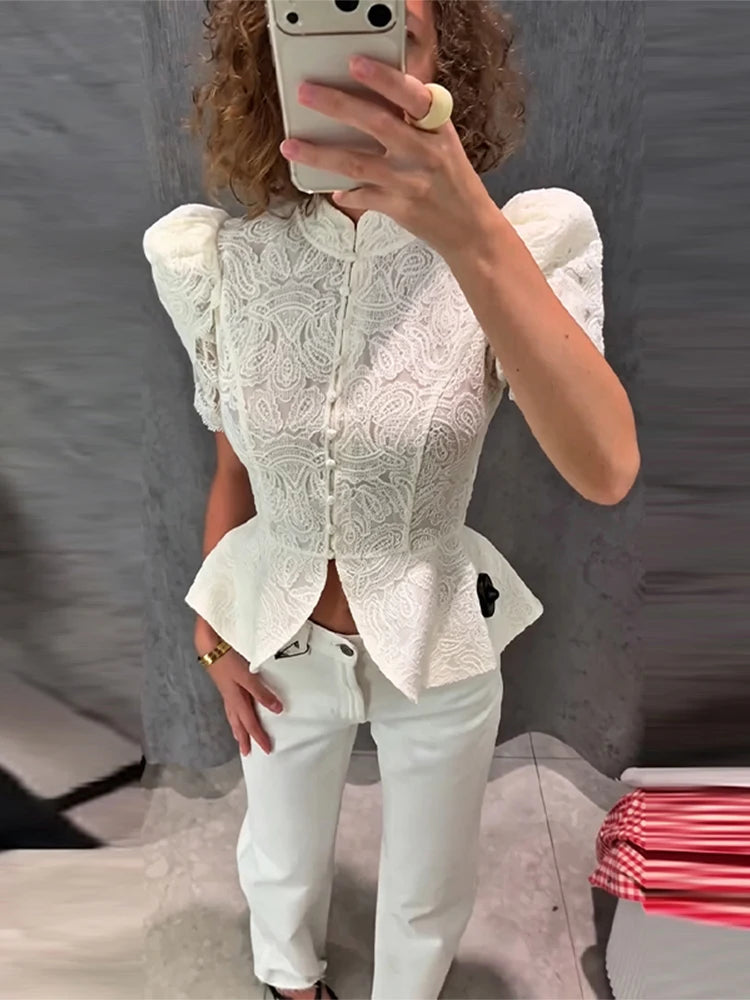 Lace Cutout Peplum Jacket Stand Collar Puff Sleeve Button Front Waist Cinched Outerwear 2026 Summer Fashion Lady Elegant Jacket