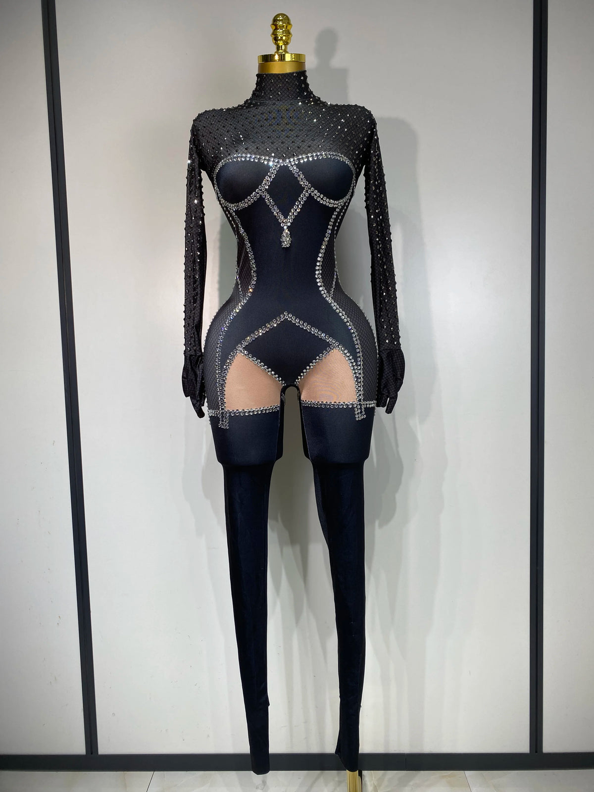 Sparkly Diamond Women Sexy Mesh Jumpsuit Nightclub Bar Party Show Gogo Dancer Clothing Drag Queen Outfit Stage Costume