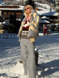 Women Color Block Spliced Ski Set Fleece Lined Stand Collar Zip Jacket Multi‑Pocket Wide Leg Trousers 2026 Winter Fashion Outfit