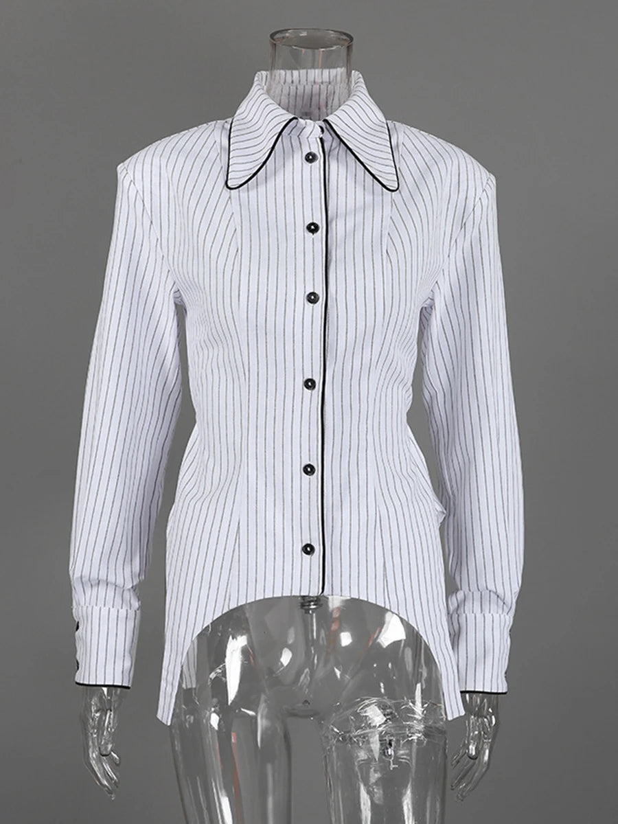 Elegant Striped Women Shirts Lapel Collar Long Sleeve Fit Shirt for Office Work Business Meeting Wear Fashion New