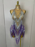 Women Sexy Stretch Mesh Sparkly Rhinestone Tassels Mini Dress Nightclub Singer Dance Stage Costume Evening Gowns