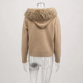 Women Hooded Knit Cardigan Sweater Coat Fluffy Faux Fur Collar Two Way Zip Solid  Loose Casual Jacket 2026 Autumn Winter