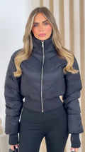 Women Cropped Puffer Jacket Stand Collar Full Zip Long Sleeve Ribbed Hem Warm Slim Fit Winter 2026 Lady Daily Casual Outerwear
