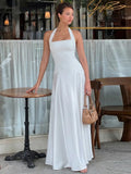 Solid Square Neck Around The Neck Maxi Dress Slim Fit Sleeveless Backless Long Gowns Elegant Women's Dinner Guest Evening Robes