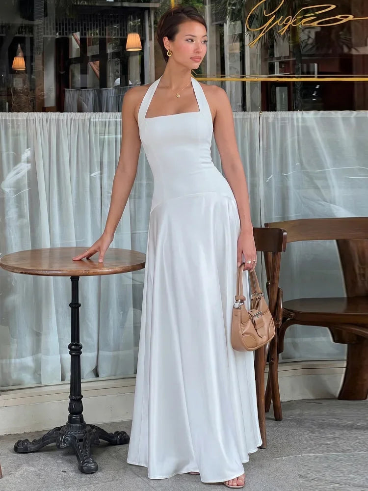Solid Square Neck Around The Neck Maxi Dress Slim Fit Sleeveless Backless Long Gowns Elegant Women's Dinner Guest Evening Robes