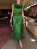 Solid Spliced Tassel Dresses Suit for Women O Neck Sleeveless High Waist Long Dress with Sling Two Piece Set Female