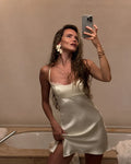 Elegant Satin Lace Long Dresses Women's Slip Backless Bandage High Slit Prom Maxi Dress Evening Party Night Out White Black