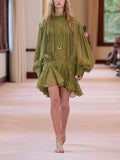 Olive Green Elegant Pleated Dress Women Fashion Solid Stand Neck Lantern Sleeve Double Breasted Loose Mini Dress Women