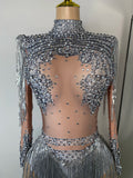 Sparkly Crystal Diamond Sexy Sheer See Through Shining Tassels Dress Long Sleeve Prom Dress Birthday Party Performance Dress