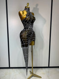 Women Luxury Black Mesh See Through Crystal Diamond Bodycon Dress Sexy Evening Party Club Nightclub Dress Singer Stage Costume