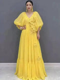 Women Maxi Dresses V Neck Lantern Sleeve 3D Flower Ruffle Hem Big Swing Elegant Vacation Summer