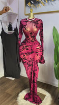Fall Women Long Sleeve Stacked Mesh See Though with Lining Bodycon Long Dress Evening Birthday Sexy Party Dresses