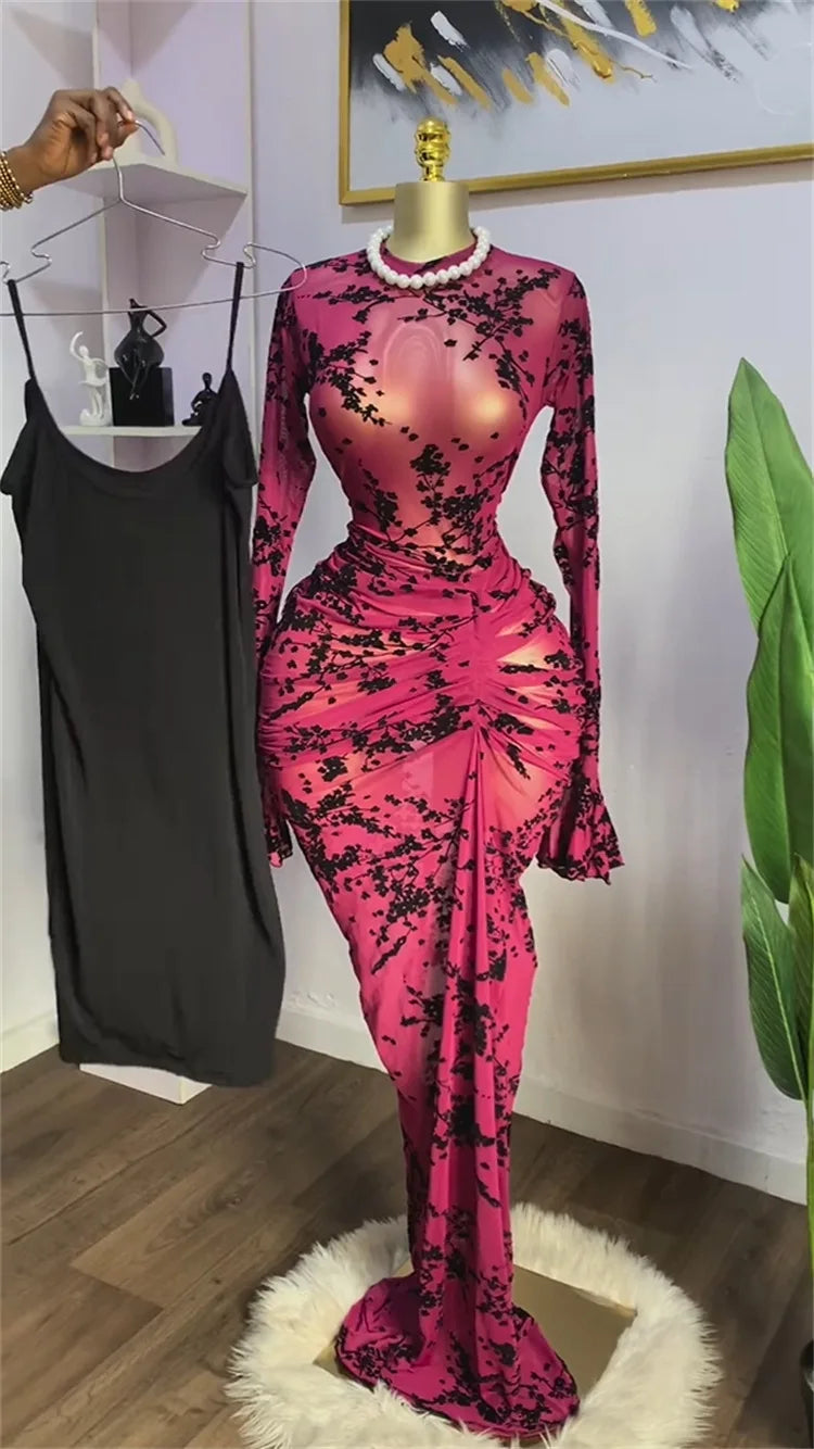 Fall Women Long Sleeve Stacked Mesh See Though with Lining Bodycon Long Dress Evening Birthday Sexy Party Dresses