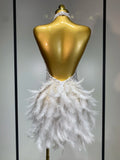 Luxury Rhinestones Pearls Halter Backless Short Feathers Dress Women Sexy Celebrate Birthday Dress Performance Dance Costume