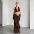 Women Metallic Trim 2 Piece Set Halter Deep V Cutout Crop Top High Waist Ruched Draped Mermaid Skirt Suit Lady Evening Outfit