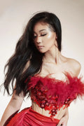 Exquisite Beaded Diamond Feather Tube Top + Miniskirt Red Suit Fashionable Hot Party Stage Performance Dress Vestidos Brillantes