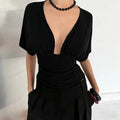 Sexy Deep V-Neck High-Waisted Spliced T-Shirt Women Fashion Solid Waist Shaping Short Sleeves Top Summer Street T-Shirt