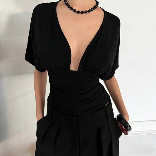 Sexy Deep V-Neck High-Waisted Spliced T-Shirt Women Fashion Solid Waist Shaping Short Sleeves Top Summer Street T-Shirt
