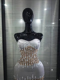 Shining Diamond Chain Women Sexy Strapless Bodycon Midi Dress Velvet Elegant Evening Party Cocktail Fashion Homecoming Outfit