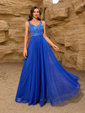 Sleeveless Evening Dresses V-Neck Sequined Embroidery Long Party Gown Clothing Elegant Mesh A-Line Formal Wedding Dress