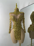 Sparkly Sequins  Gold Silver Mini Dress Women Sexy Split Nightclub Party Performance Dresses Birthday Celerbity Stage Outfit