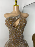 Sparkly Silver Rhinestones Mini Dress Luxury Women Sexy Mesh Hollow Out Celebrity Birthday Cocktail Dresses Performance Wear